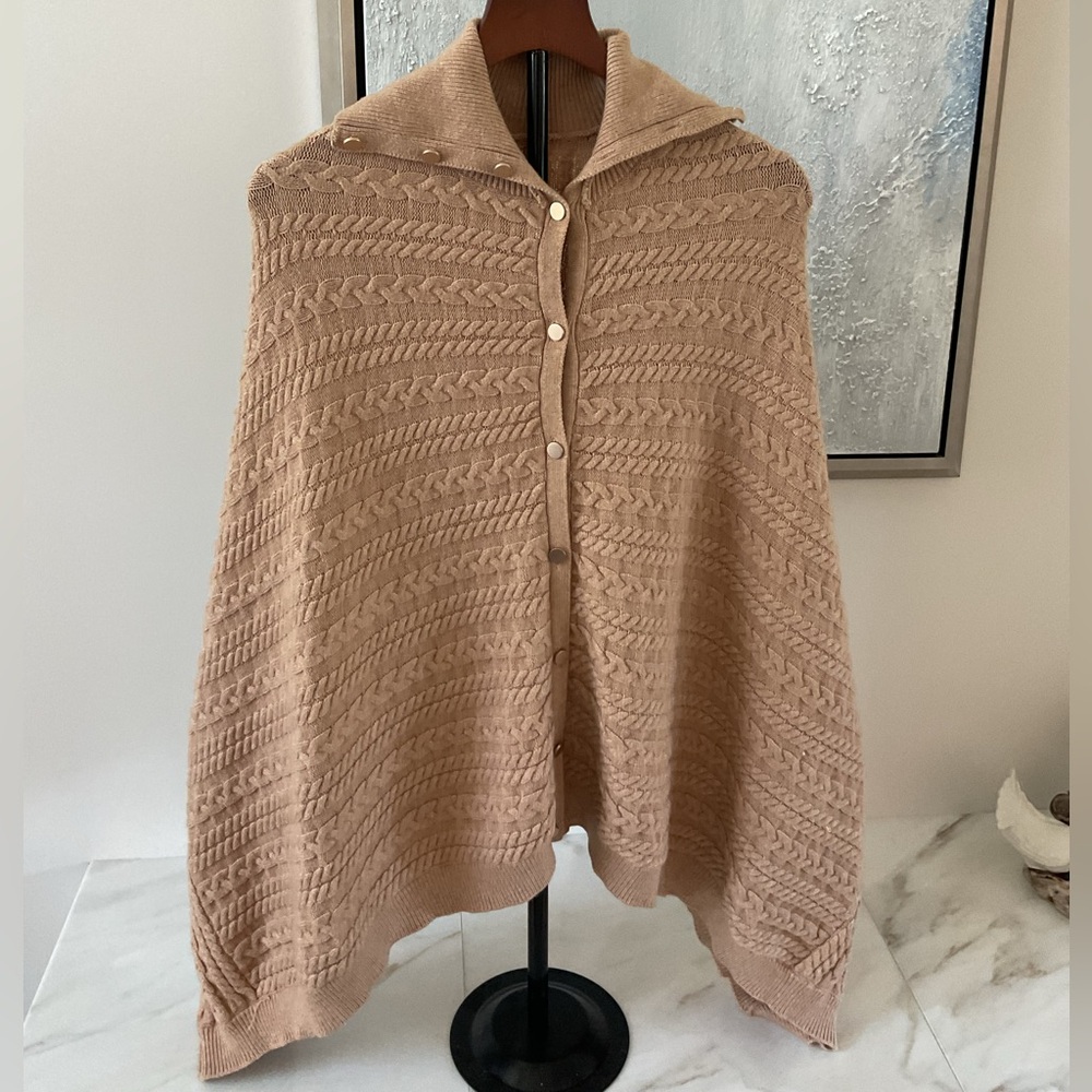 Charlie Paige Fall Buttoned Tan Cable Knit Poncho